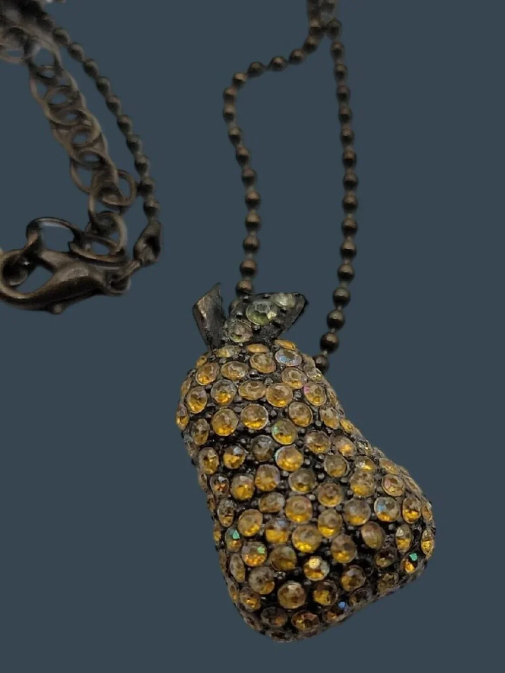 VTG Robert Rose Signed Pave Rhinestone Pear Pendant Ball Chain Necklace Rare 16